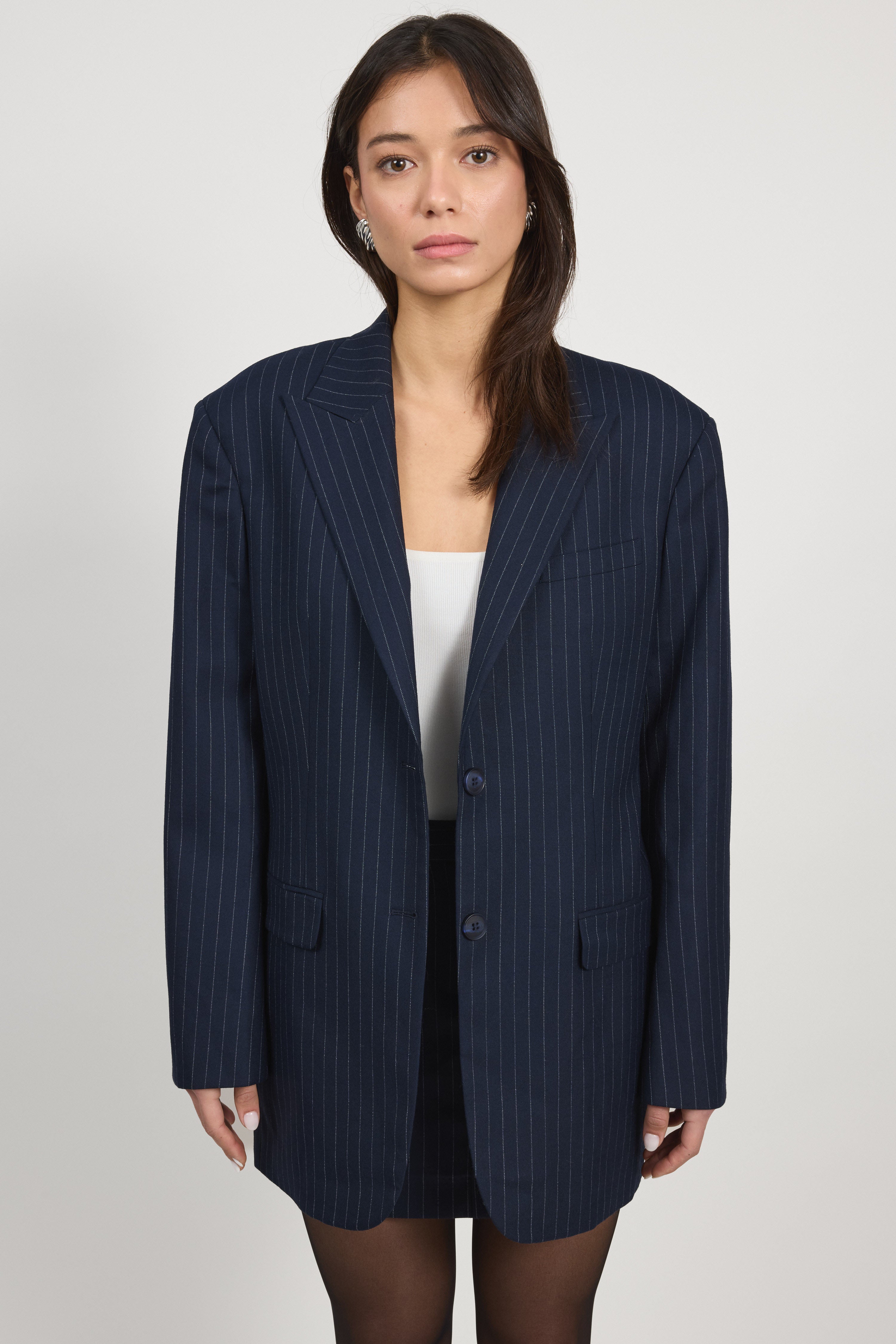 Navy Pinstripe Boyfriend Jacket