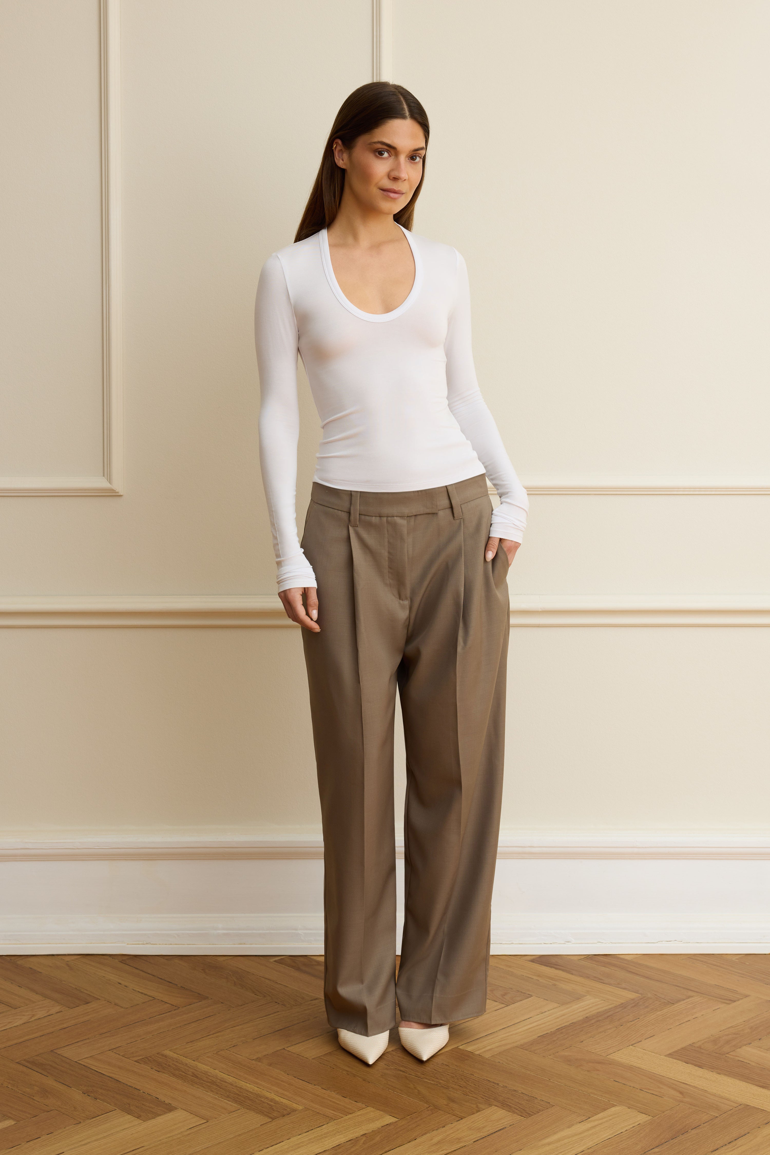 White deep u-neck long sleeve