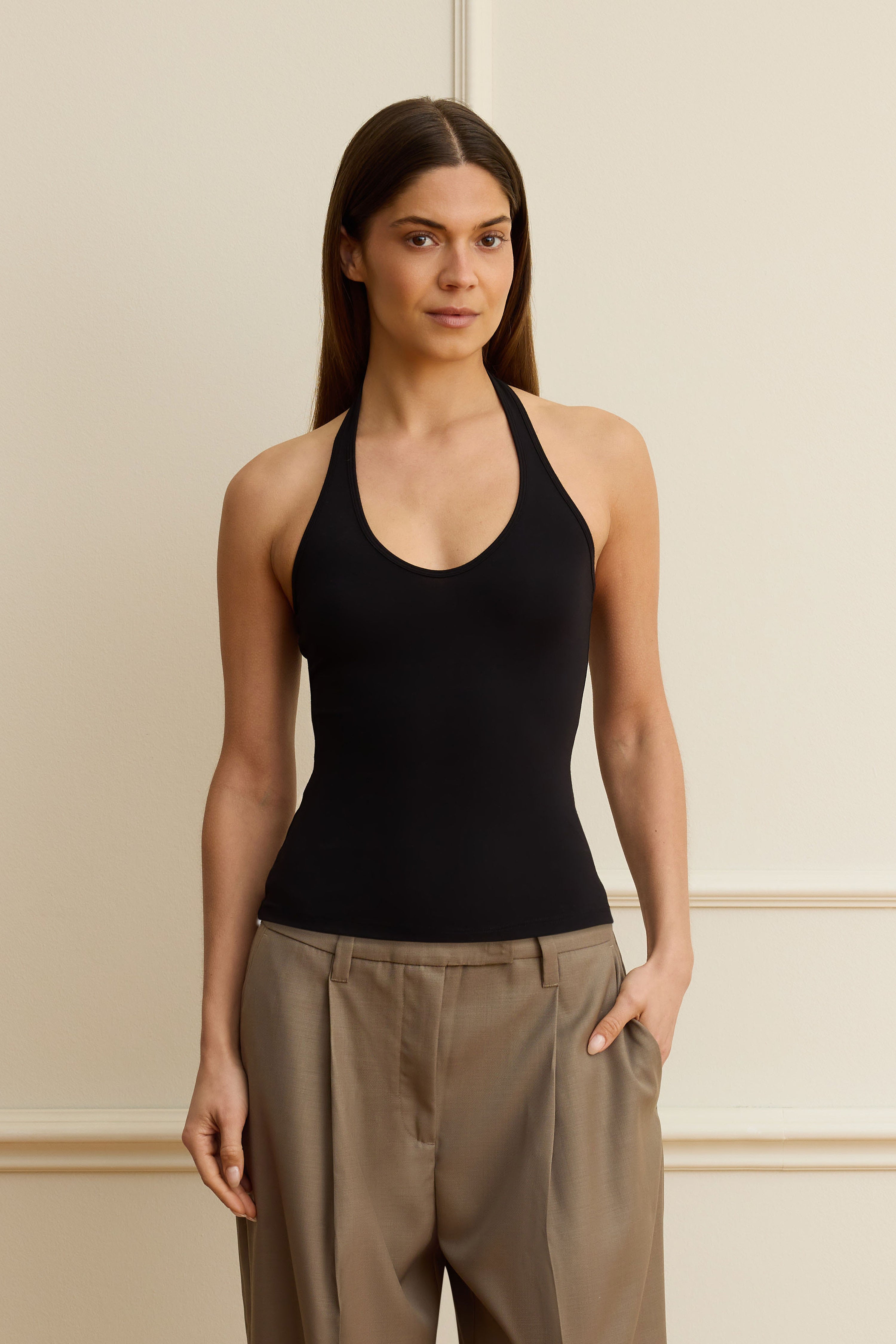 Black sculpted halterneck top